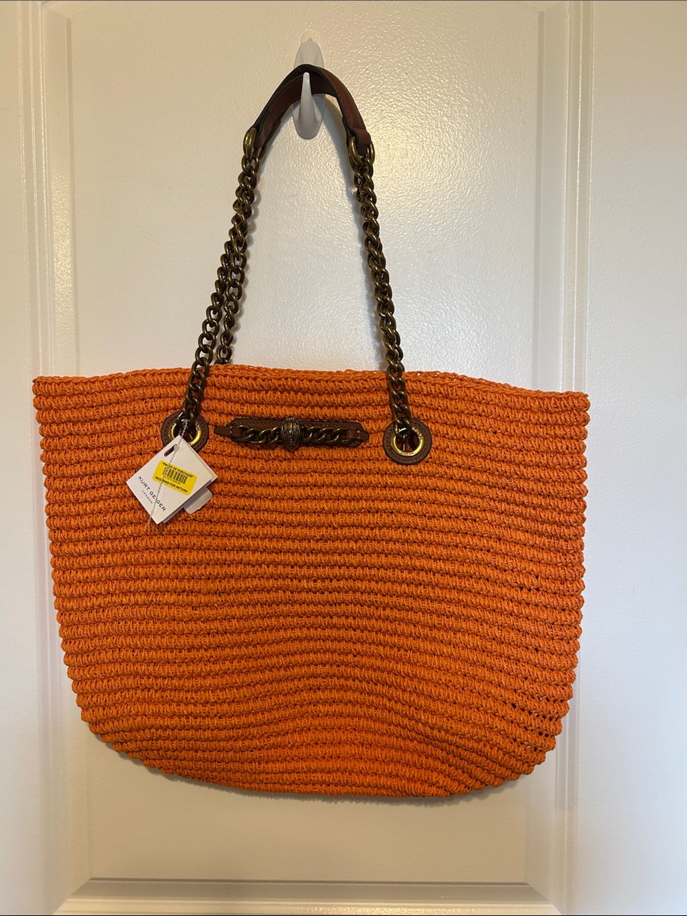 NWT- Kurt Geiger Handwoven Straw Orange Leather and Chain-Handle Tote Bag - Picture 2 of 5